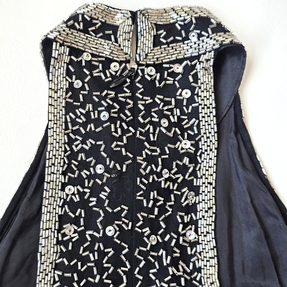 A.J. Bari Petites Silk Hand Beaded Fringe Cocktail Dress Black Silver Gatsby 20s - Picture 11 of 15